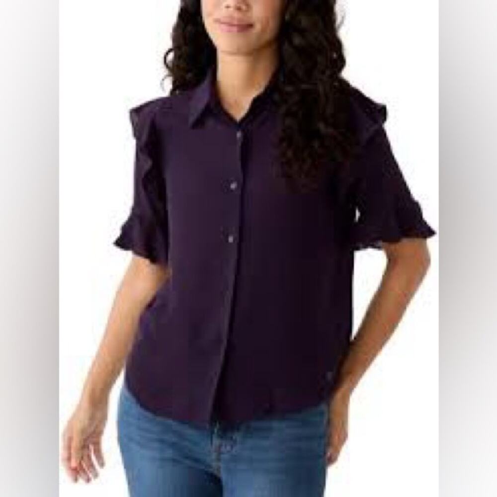 NWT Elie Tahari S Button Up Short Ruffle Sleeve Blouse